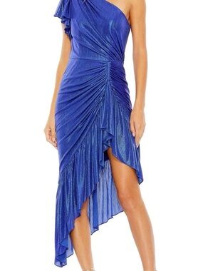 Mac Duggal One-Shoulder Sapphire Blue Ruffled Asymmetrical Dress (NWT)